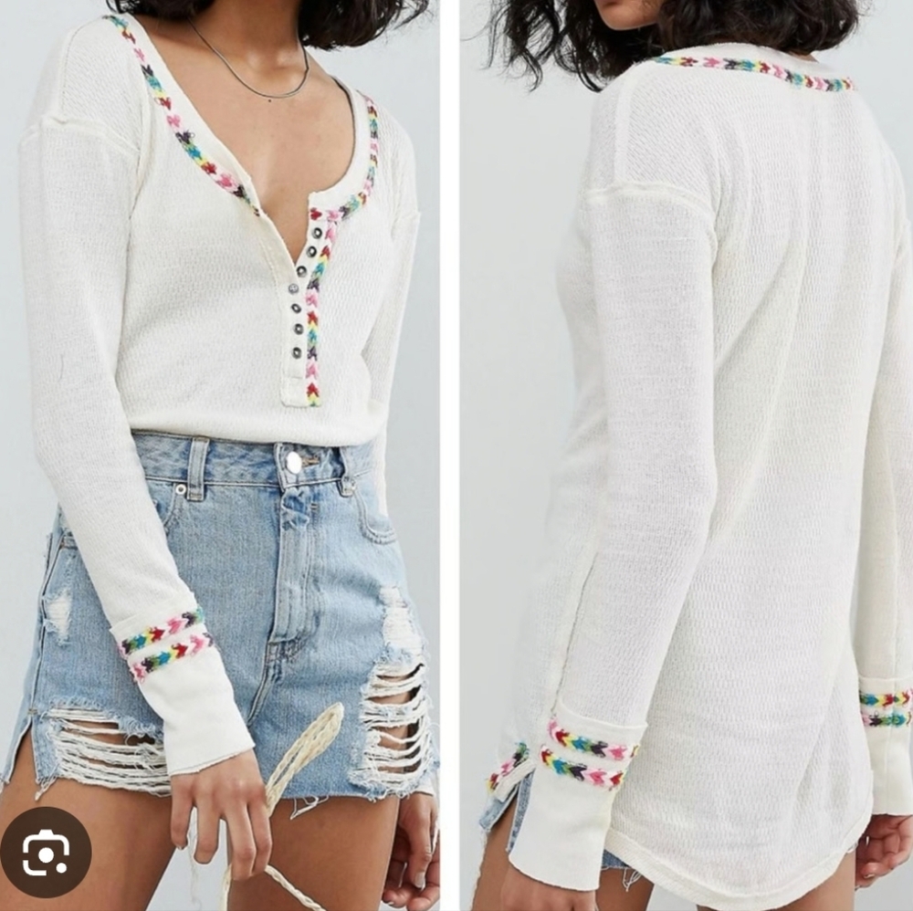 we the free ♡ rainbow thermal shirt free people xs boho festival folk whimsical